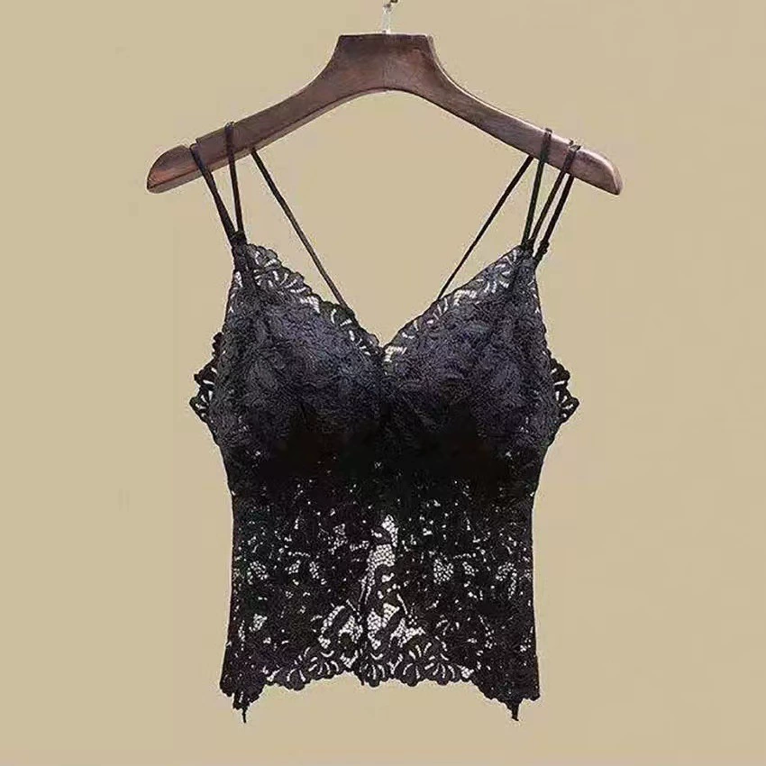 Lace Summer Top, Wireless Strap Bra, Backless Design with Cups, Fitted Lightweight