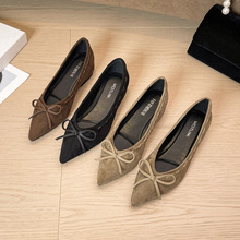 法式绒面尖头内增高通勤单鞋女鞋子2025新款秋季蝴蝶结浅大码鞋女
