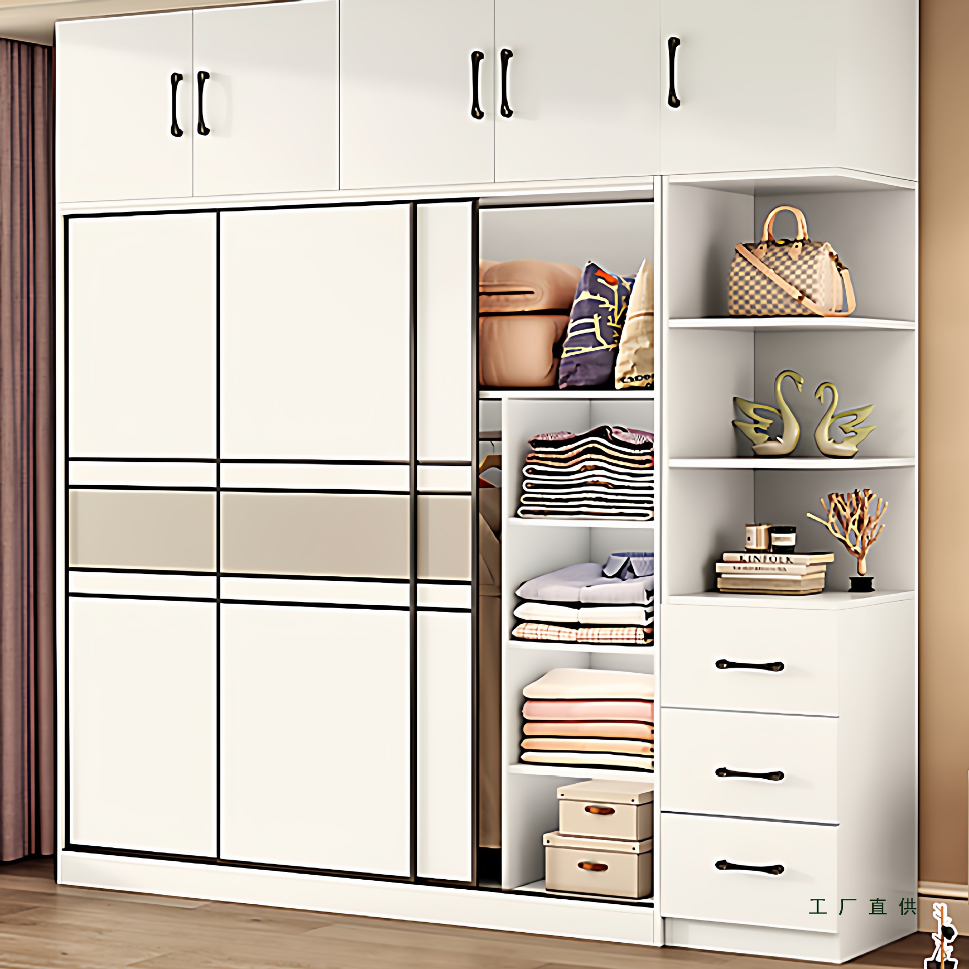 衣柜家用卧室实木生态板推拉门衣橱现代简约储物收纳定 制儿童柜