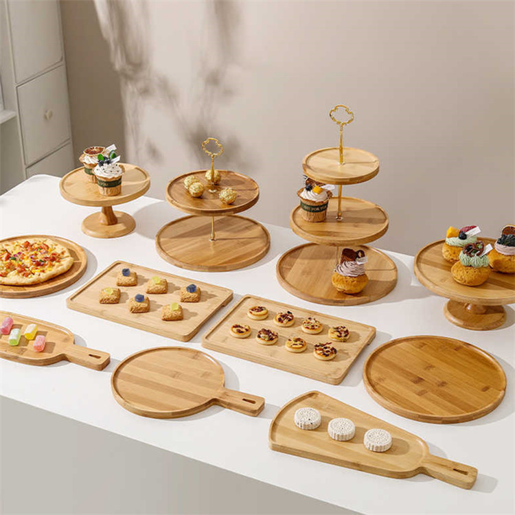 Madera de bambú plato de fruta de madera maciza Plato cuadrado postre estante redondo doble pastel plato de fruta de madera té de la tarde