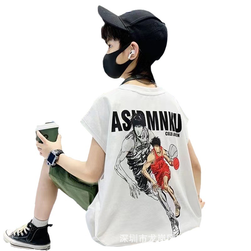 Verano 100% algodón chaleco sin mangas para niños 2023 Verano nuevos niños medianos y grandes dibujos animados chaleco impreso camiseta