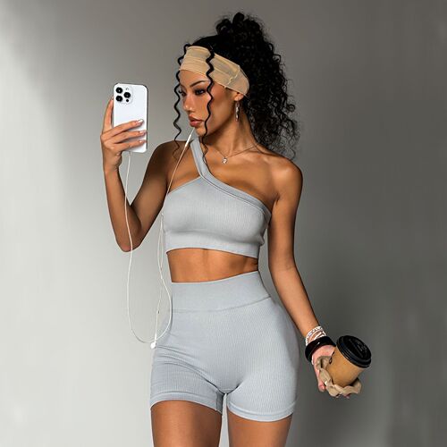 Cross-border European and American Threaded Long-Sleeved Running, Fitness, and Workout Vest Bra Shorts Long Pants Yoga Wear Seven-Piece Set