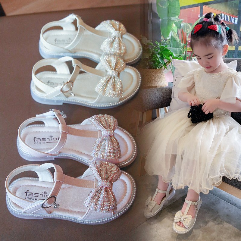 女童公主鞋2021夏季新款水钻蝴蝶结简约小女孩魔术贴露趾沙滩凉鞋|ms