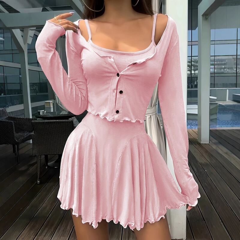 2025 Sweet and Spicy Girl Outfit: Women's Retro Simple Cardigan Jacket Layered with Summer Strap Dress Two-Piece Set