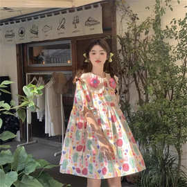 个性可爱甜美减龄连衣裙宽松遮肚子夏季新款立体小花娃娃领短裙
