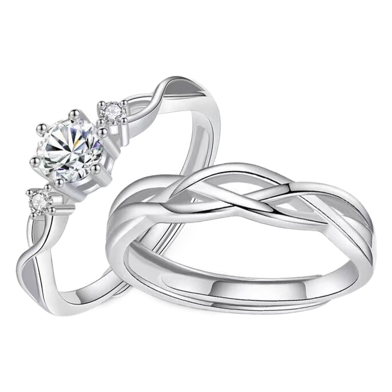 Japanese and Korean Thai silver eternal love Diamond couple ring light luxury love interwoven open mouth ring Valentine's Day gift