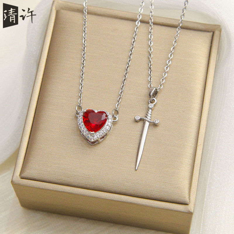 European and American Explosions One Arrow Through Heart Necklace Valentine's Day Red Zirconium Love Sword Pendant Titanium Steel Clavicle Chain Cross-border Jewelry European and American Explosions One Arrow Through Heart Necklace Valentine's Day Red Zirconium Love Sword Pendant Titanium Steel Clavicle Chain Cross-border Jewelry