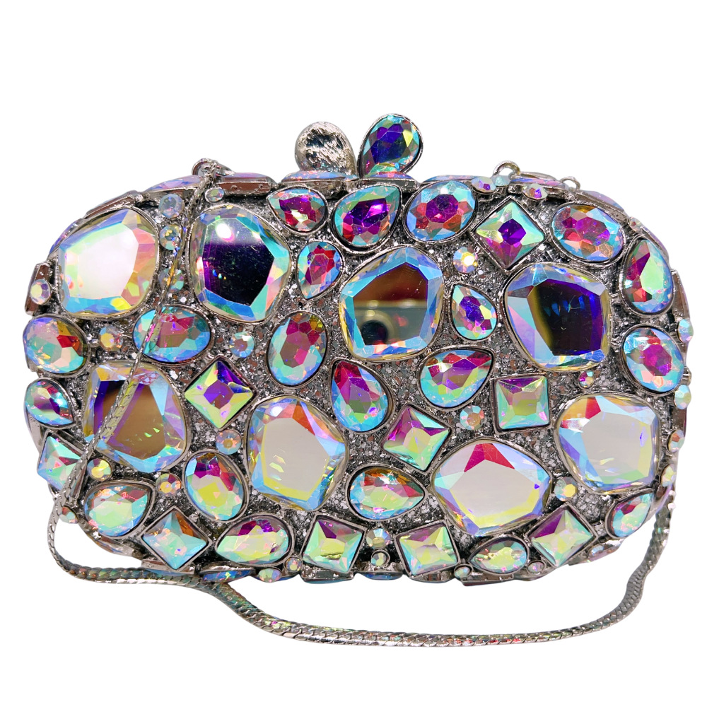 Túi clutch nữ đính đá cắt kính kim cương dây đeo vai dự tiệc — Bạc AB chi tiết 2