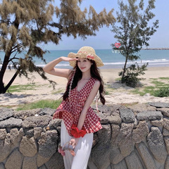 辣妹风格子V领背心女装2025春夏季修身显瘦褶皱外穿洋气吊带上衣