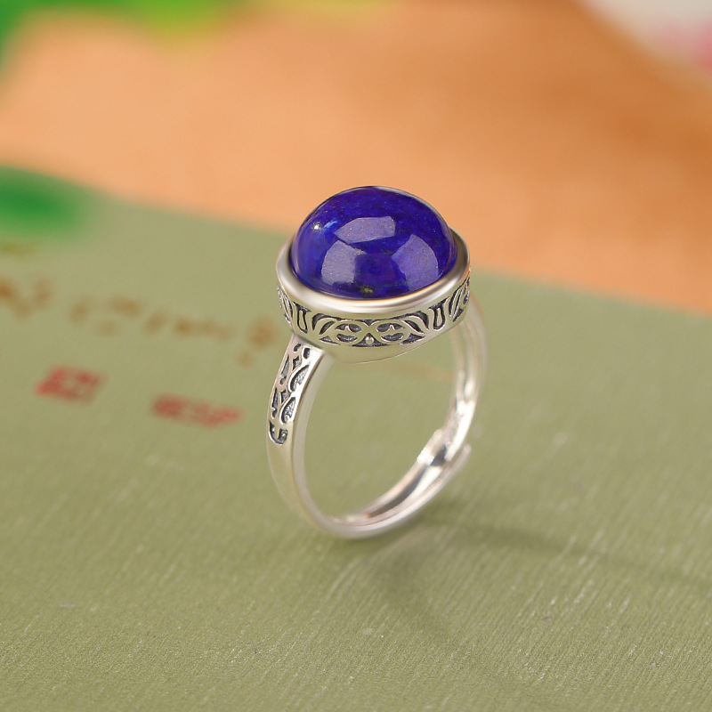 Nhẫn bạc S925 đính đá Lapis Lazuli họa tiết hoa văn cổ điển phong cách dân tộc — Mở một size