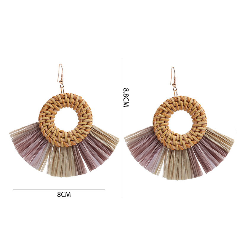10g Weight 1 Pair Retro Round Sector Raffia Rattan Drop Earrings