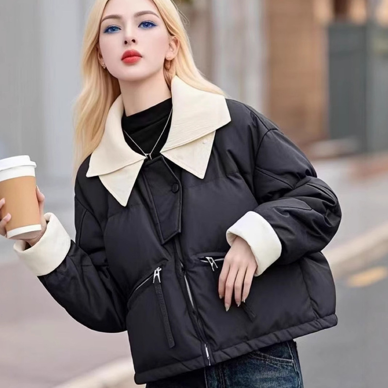 2025羽绒棉服女新款针织翻领皮衣短款冬季新款保暖棉袄外套PU棉厚|undefined