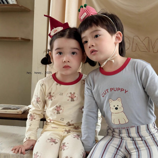 Big and Small Roll Heyhoney25 Thin Lycra Cotton Boys and Girls Autumn Clothes Intimates Printed Home Clothes Pajamas Two-Piece Set