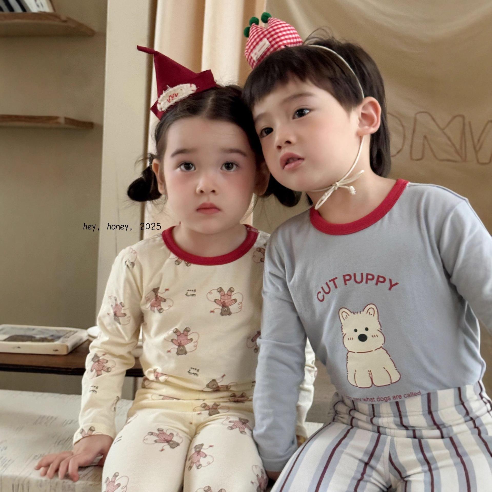 Ready Stock Large and Small Rolls Heyhoney25 Thin Lycra Cotton Boys and Girls Autumn Clothes Underwear Printed Loungewear Pajama Set