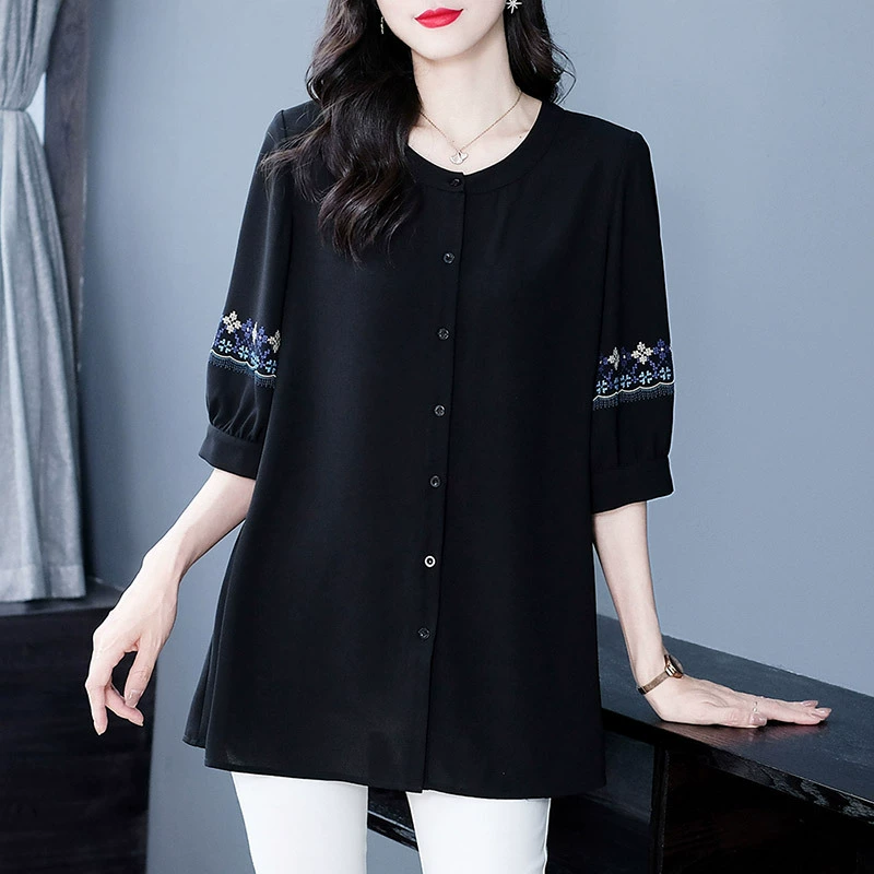 Летний сверхпрочный кардиган с вышивкой больших размеров, облегающая Освежающая шифоновая рубашка с короткими рукавами, топ, женская одежда среднего и пожилого возраста