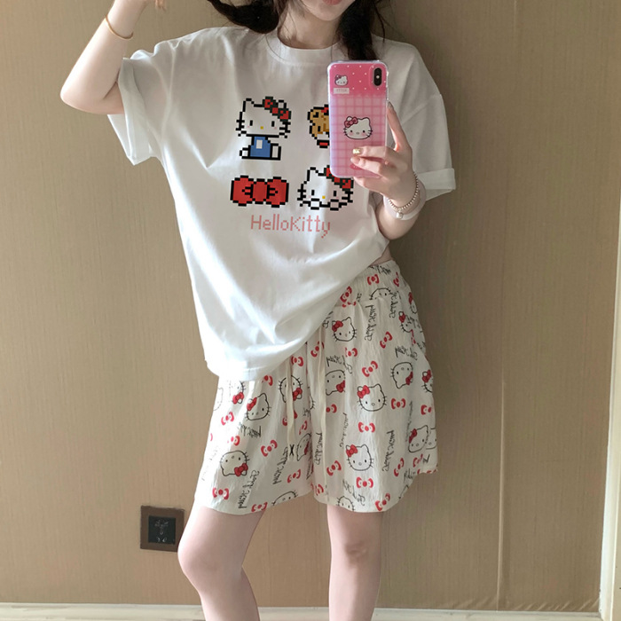 Dibujos animados Hellokitty pijamas estampados mujer 2025 nuevo verano algodón de manga corta pantalones cortos traje de servicio a domicilio