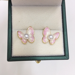 New Chinese Natural Freshwater Pearl Earrings Women Gradient Color Blue Butterfly Pearl Earrings S925 Sterling Silver Earrings Wholesale