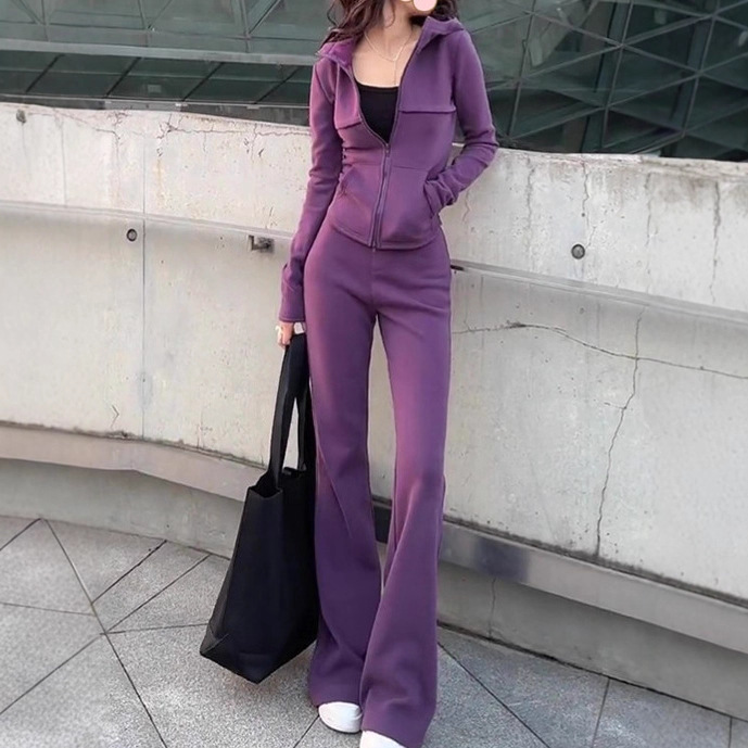 Elegant and Versatile Hooded Cardigan Sweatshirt Slimming Wide-Leg Pants Women's Autumn and Winter Fashion Casual Sports Two-Piece Set