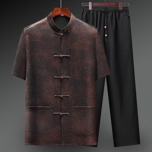 Xiangyunsha Silk Tang Suit Men's Short-Sleeved Middle-Aged and Elderly Summer Thin Mulberry Silk Ice Silk Grandpa and Dad Summer Suit