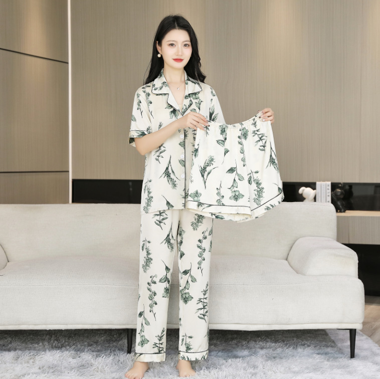 2025 nuevo estilo pijama mujer verano hielo seda fina solapa pantalones de manga corta traje de tres piezas se puede usar en el exterior