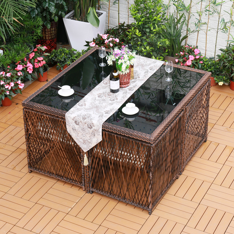 Silla de mimbre al aire libre combinación terraza de ocio balcón silla de ratán patio al aire libre mesa y silla con respaldo impermeable y protector solar