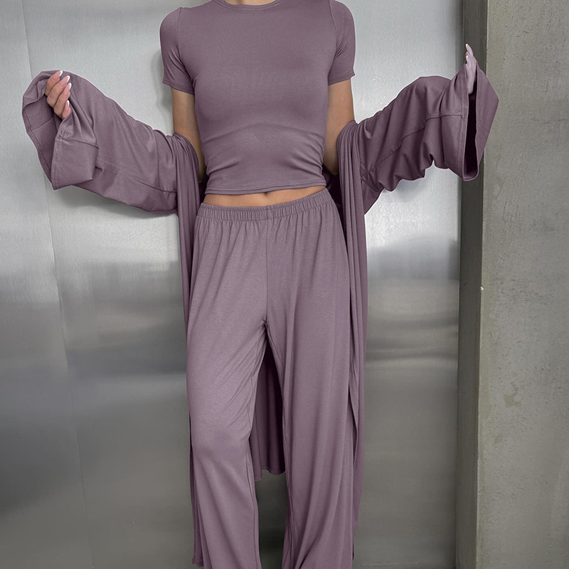 2025 Cross-Border European and American Style Pure Color Knitted Soft Skin-Friendly Three-Piece Pajamas, Breathable and Loose Home Clothes That Can Be Worn Outside