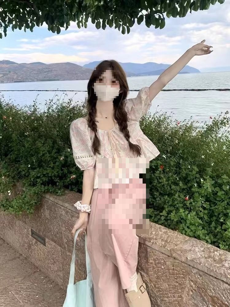 甜美套装女夏季小清新新款显瘦碎花系带衬衫高腰休闲裤两件套