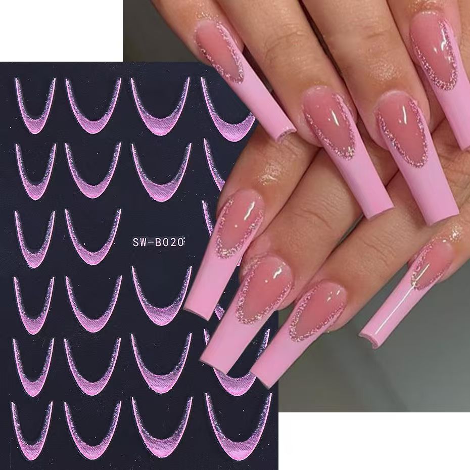 Polvo brillante gradiente pegatinas de uñas francesas ins viento oro y plata brillante azul rosa francés sonrisa pegatinas de uñas