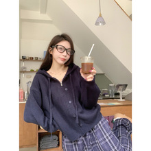 实拍 秋冬韩版宽松连帽抽绳纽扣设计针织开衫羊绒混坊外套女毛衣