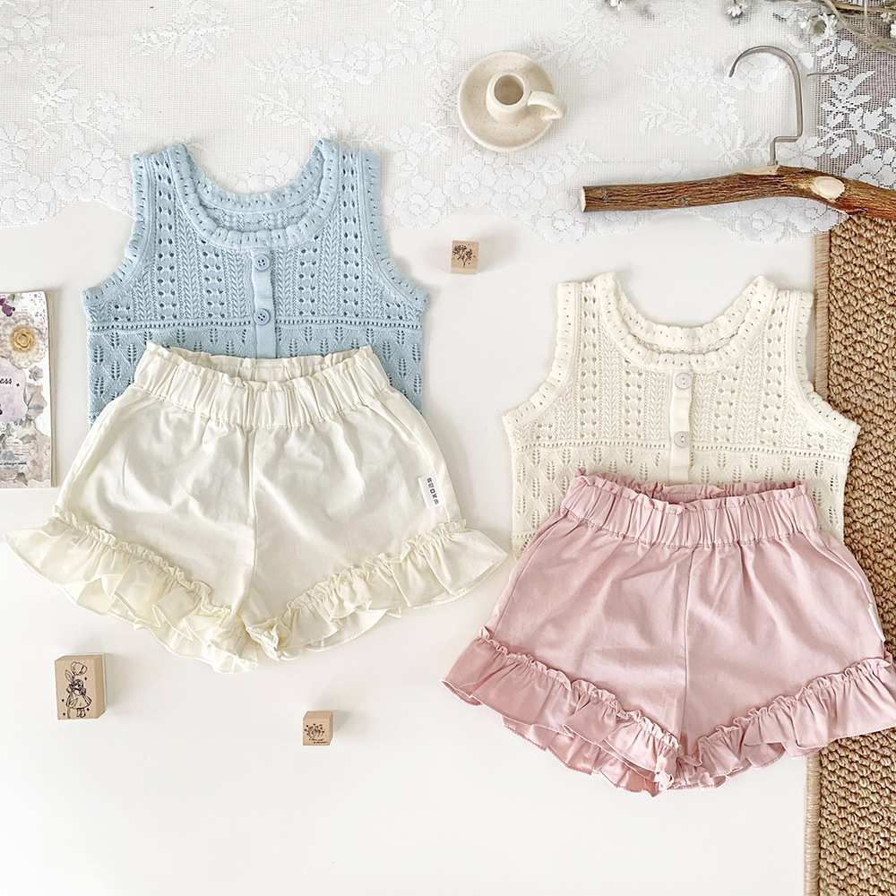 Cutemily Children's Summer Girl's Round Neck Knit Top for Girls, Cotton Laced False Opening Thin Backless Top