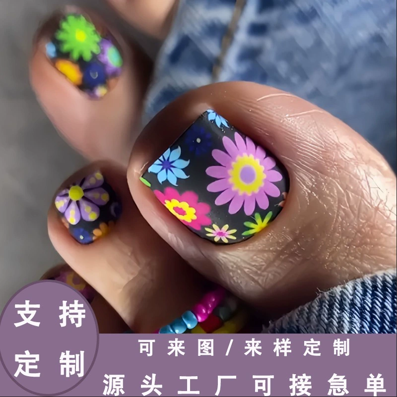 Хит продаж: трансграничные накладные ногти, свежий и яркий цветочный квадратный дизайн, короткие накладные ногти, оптовая продажа на заказ
