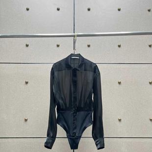 Xiaozhong Early Autumn New Women's Brilliant Silk Fabric Stitching Slim-fit Black Long Sleeve Lapel Shirt