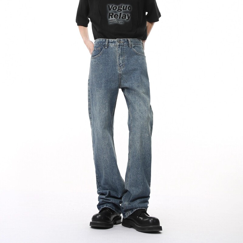 Voguo Relay Tall Extended Floor-Length Pants Retro Blue Jeans Korean Style Mid-Waist Loose Straight Pants