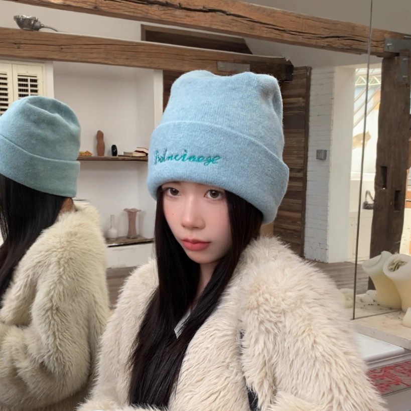 Embroidered Knitted For Women Wool Blend Yarn Autumn Winter Double Layer Warm Ear Protection Cold Hat Face Slimming_voghion.com