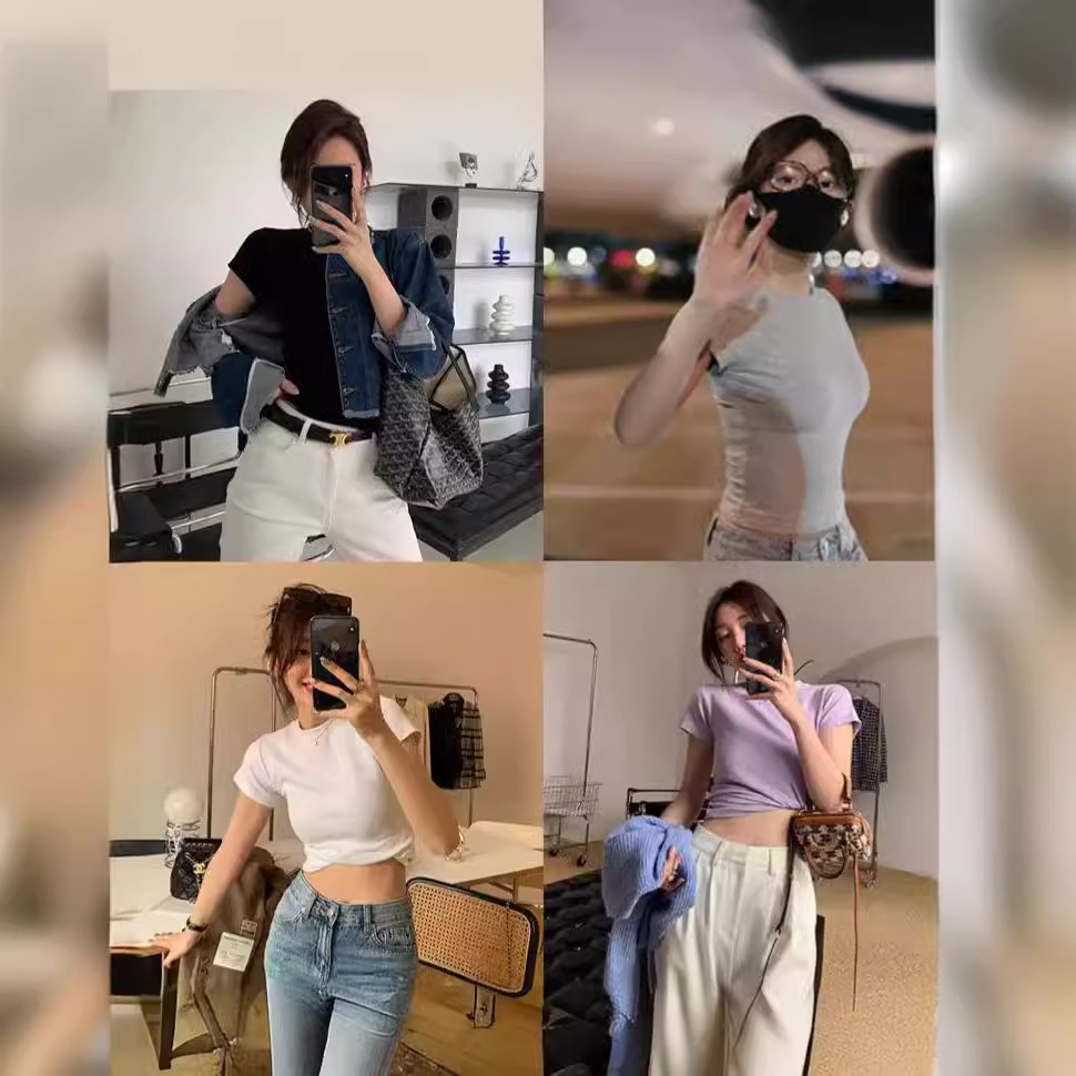 Camisas de mangas cortas de base transfronterizas de mujeres coreanas nuevas camisas de moda corta delgada de comercio exterior al por mayor