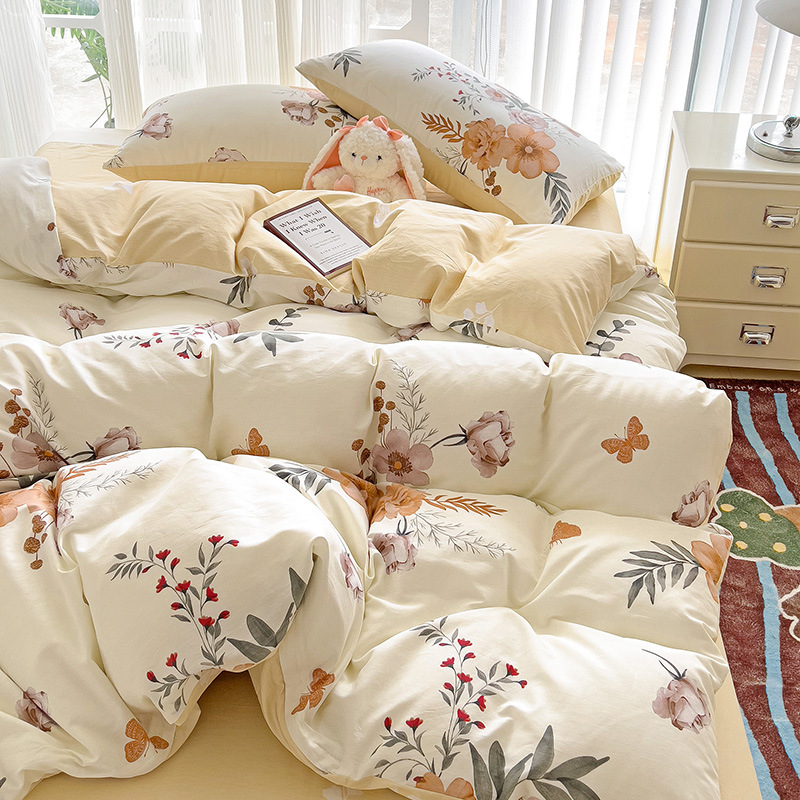 Personalizado en fábrica, sábanas de algodón de algodón de clase A, juego de cuatro piezas, cama de dormitorio de estudiantes floral, juego de tres piezas, funda de edredón, sábana
