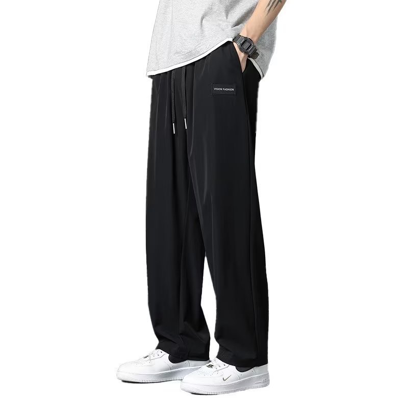 2025 新しいアイスシルクパンツメンズ夏薄いハイストリートストレートワイドレッグパンツ夏のスポーツカジュアルパンツ|undefined