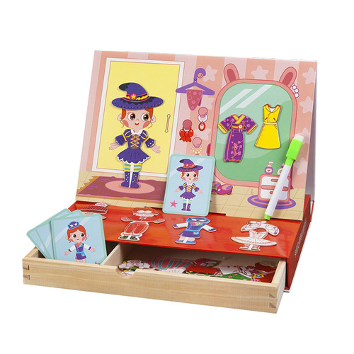 Kindergarten birthday gift children's educational magnetic cartoon character girl dress-up wooden puzzle drawing board gift box