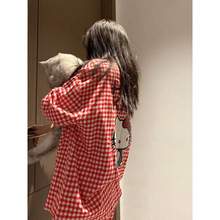 云朵棉纱布睡衣女春秋款长袖红色格子套装卡通跨境家居服可爱外穿