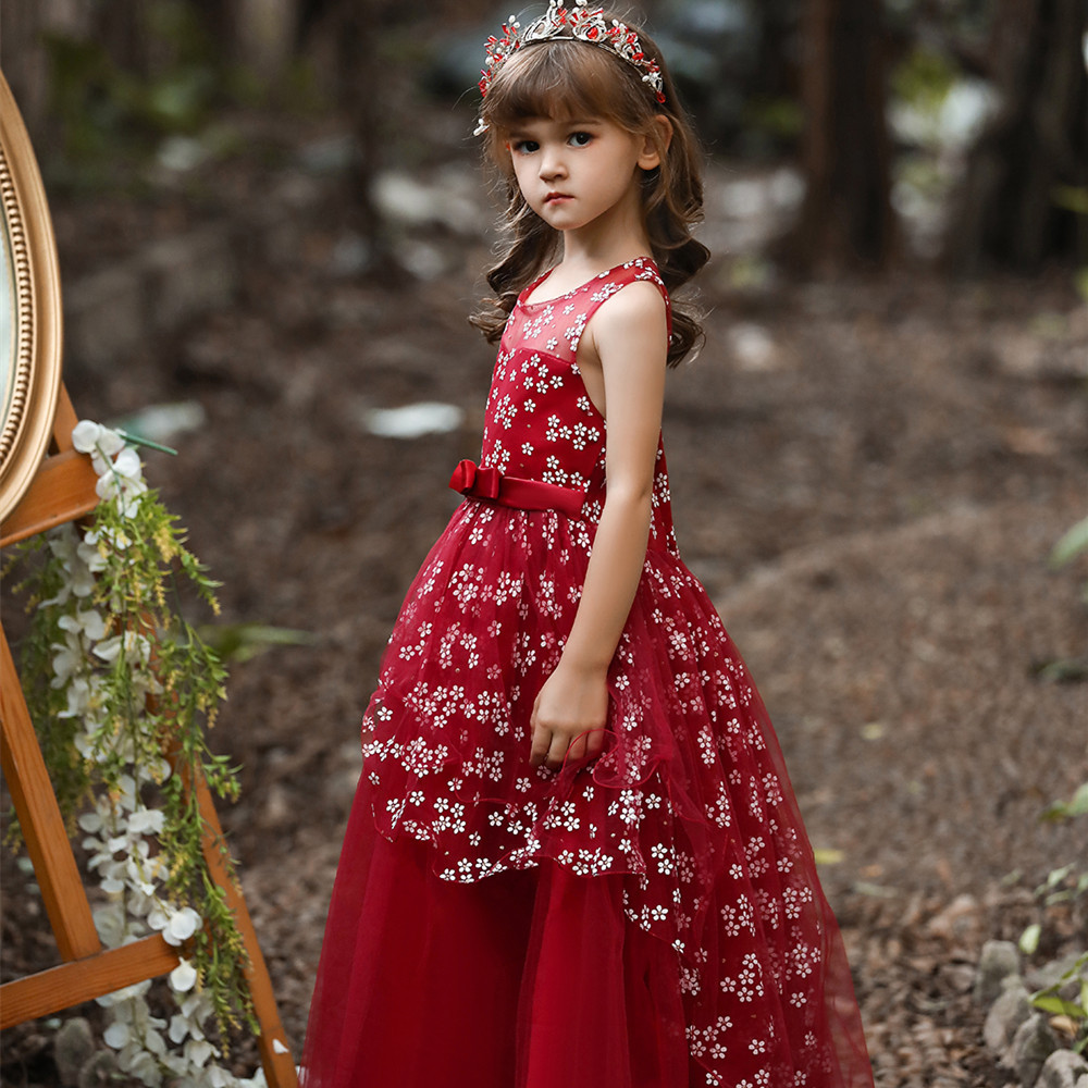 跨境专供亚马逊女童公主裙花童婚纱礼服女孩蝴蝶结小拖尾连衣裙
