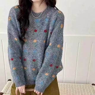 法式复古小花刺绣毛衣女宽松圆领慵懒风蓝色针织衫学院风提花毛衣