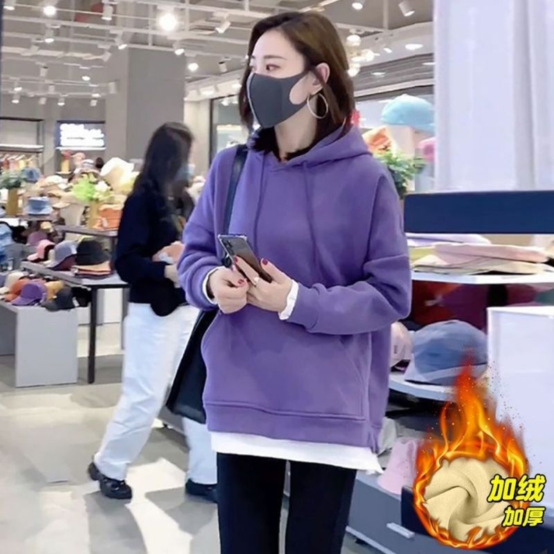 卫衣女秋冬季宽松连帽中长款大码显瘦新款加绒加厚假两件上衣减龄|undefined