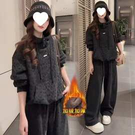 加绒加厚时尚套装女冬季新款洋气豹纹连帽卫衣阔腿裤休闲两件套潮