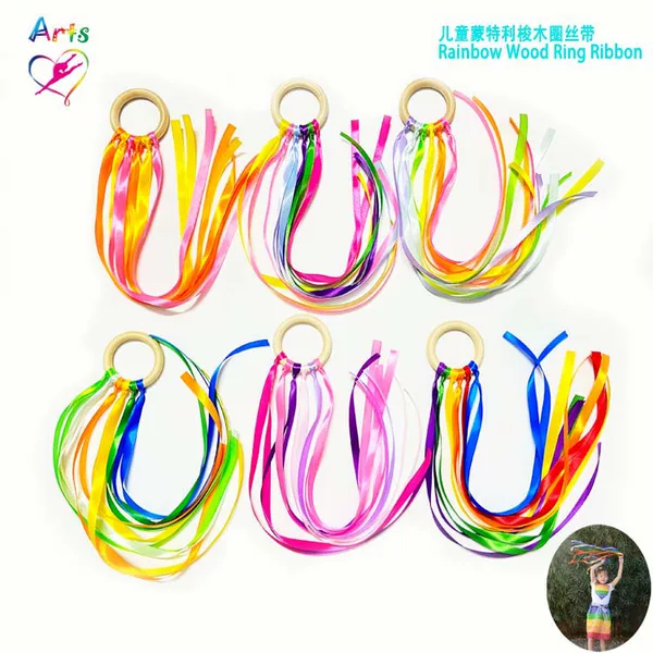 In-Stock Children's Rainbow Bracelet Kite Ribbon Wooden Ring Bell Colorful Ribbon Montessori Early Education Montessori Toddler Toys