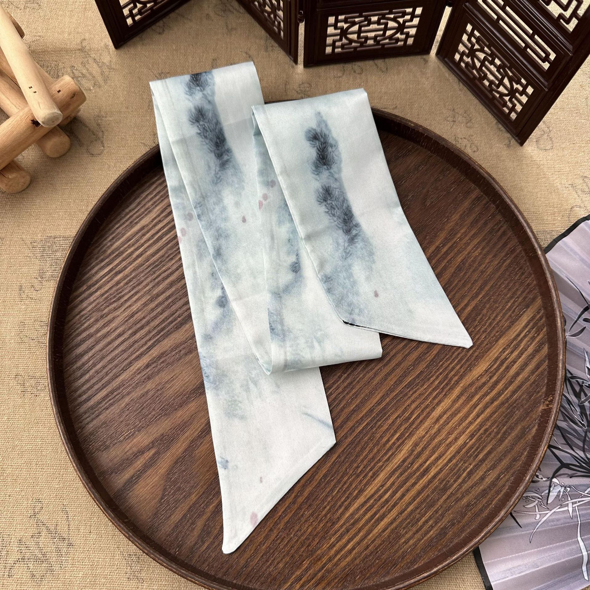 Bufandas de seda largas mujeres dibujo de hoja de bambú estilo antiguo chino nuevo cinturón de cabello adornamiento de cabello pintura de tinta de estilo chino correa bufandas cinturón