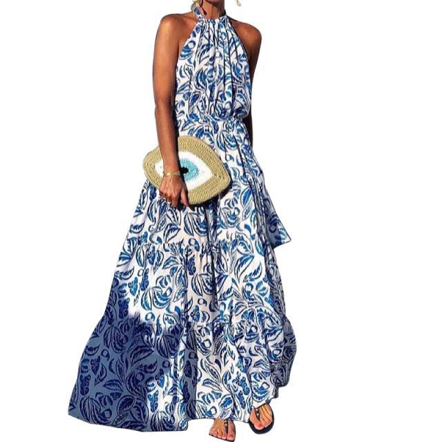 fashion floral halter off-shoulder hanging neck bohemian long dress NSYF53241
