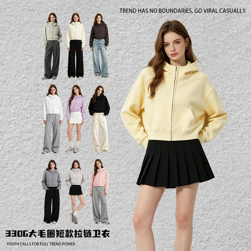 Autumn and Winter Women's New Hooded Half Turtleneck Zipper Cardigan Jacket Korean Style Simple Heavyweight 330g Large Terry Sweatshirt