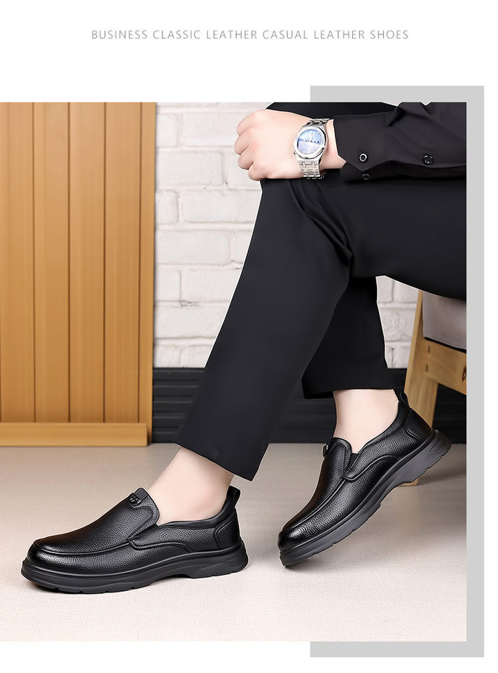 Giày lười nam da bò mũi tròn kiểu đậu đậu, đế thấp 1–3 cm, xỏ chân tiện lợi — đen chi tiết 14