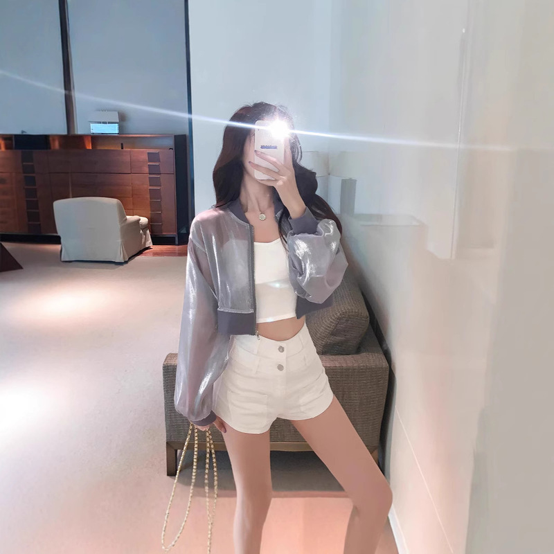 Summer New All-match Lightweight Transparent Zipper Bright Silk Streamline Texturous Short Air-conditioning Shirt Sunscreen Coat Women