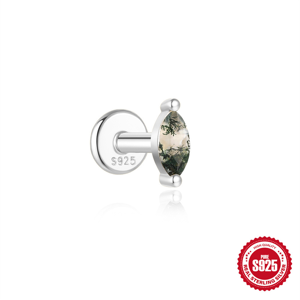 El nuevo s925 simple y moderno hierba de agua natural, uñas de hueso de oreja de ágata, personalidad de lujo ligera europea y americana, pendientes de piedra de musgo verde con incrustaciones